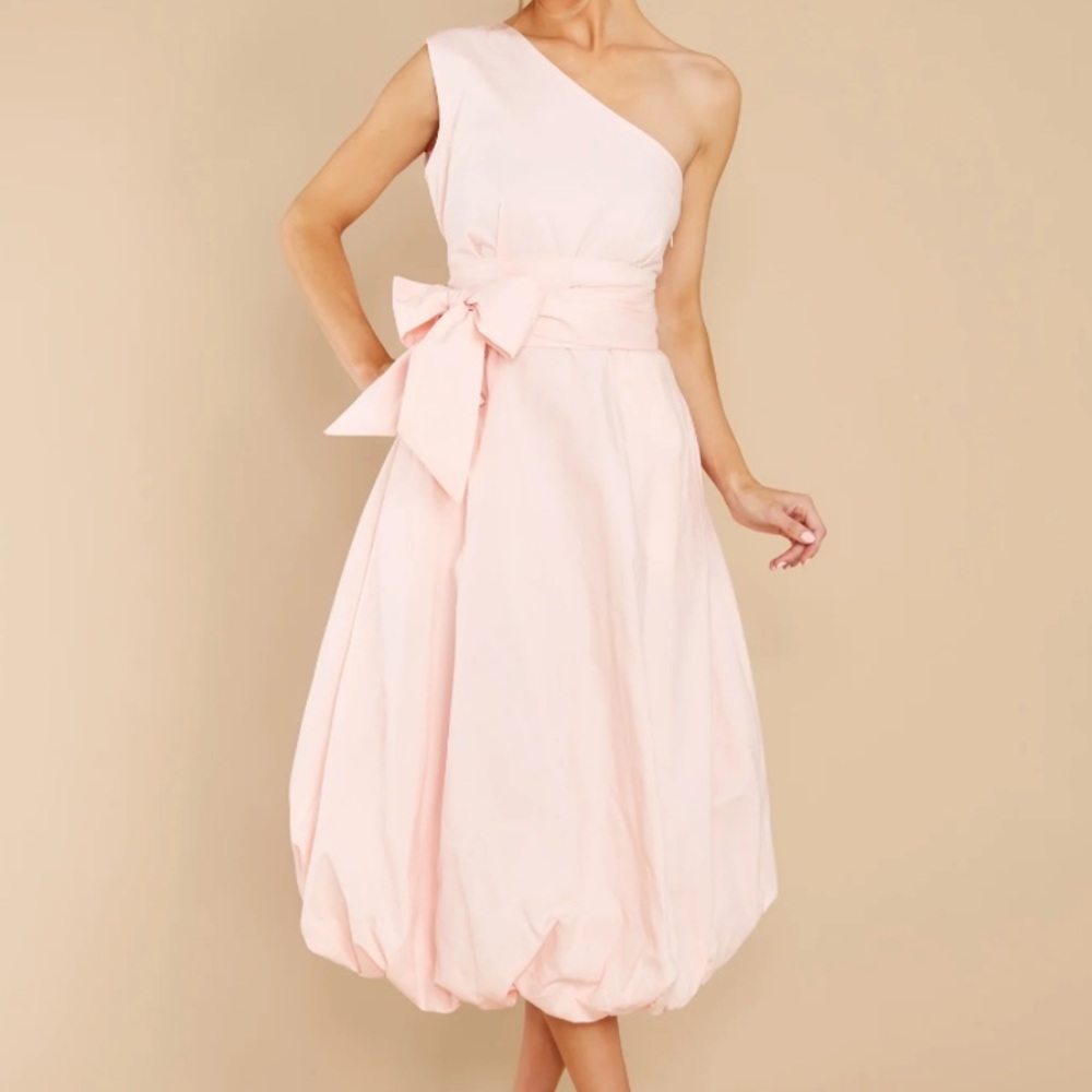 Pink one shoulder peplum midi gown with bow